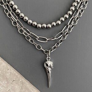 NEW - Set 3 layered silver necklaces semi chunky thick - BIRD SKULL edgy punk